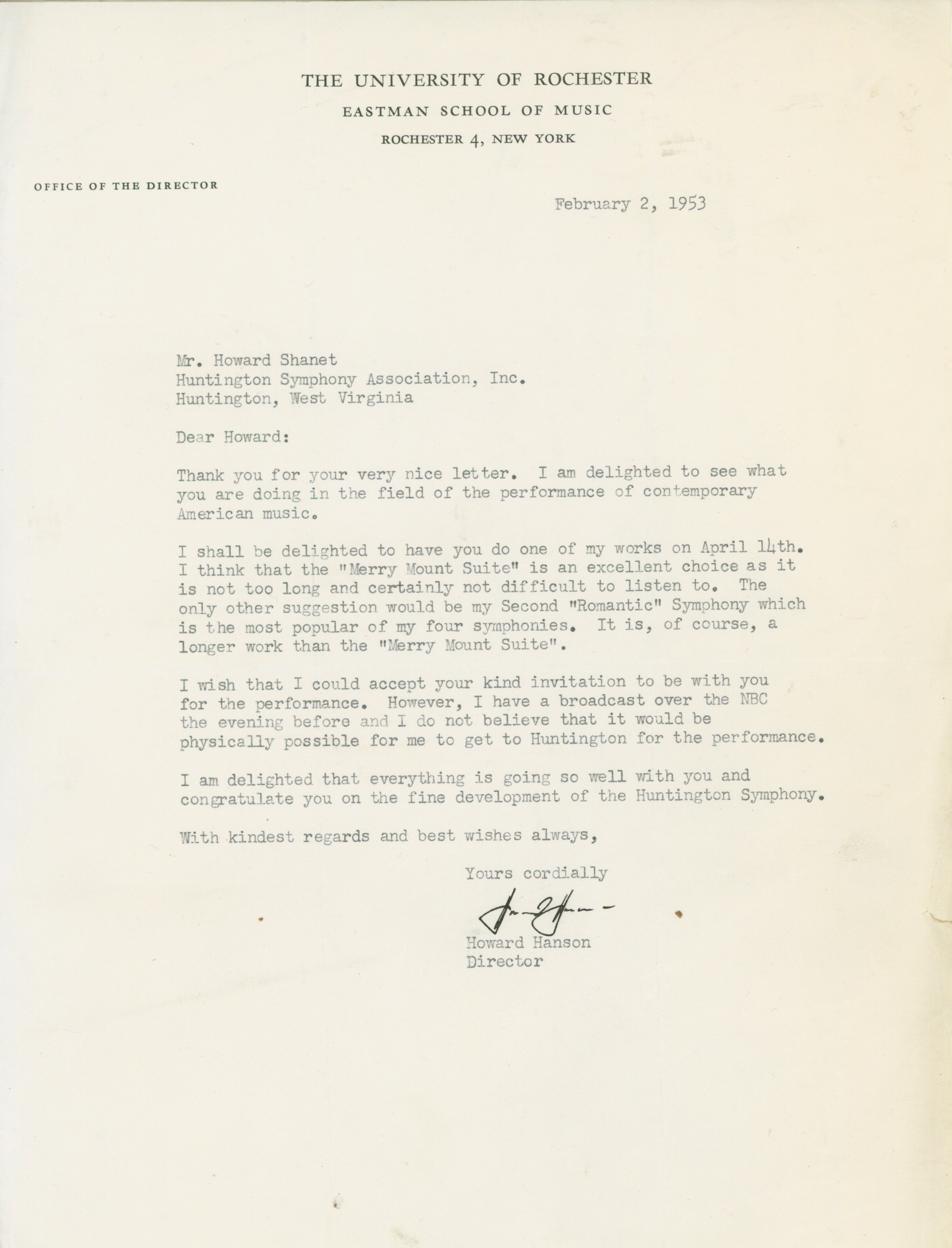 Hanson, Howard - Typed Letter Signed