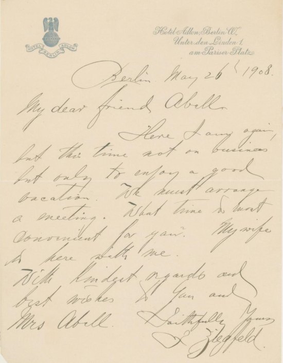 Ziegfeld, Jr., Florenz - Autograph Letter Signed