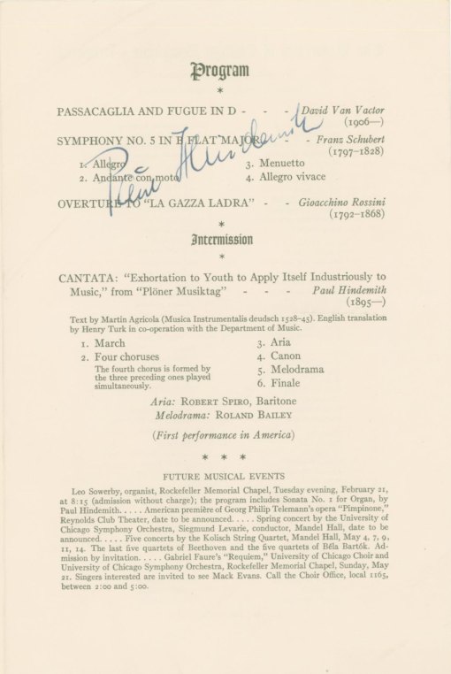 Hindemith, Paul - Program Signed "Paul Hindemith".