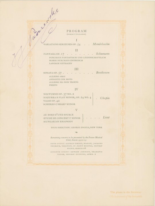 Paderewski, Ignace Jan - Program Booklet Signed "J J Paderewski".