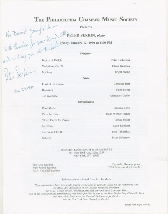 Serkin, Peter - Recital Program Inscribed and Signed "Peter Serkin".